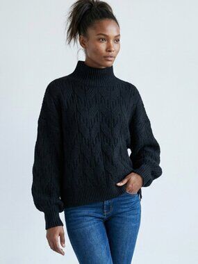 PROLOGUE Black Cable Knit Lantern Sleeve Mock Neck Sweater Sz XL